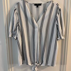 Fred David White and Black Vertical Stripe Tie-Front Blouse